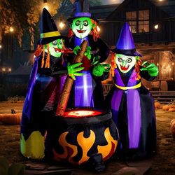 6 FT Tall Halloween Inflatables Three Witch Around Cauldron with Flame Light Yard Outdoor Decoration Blow Up with Build-in LEDs for Halloween Party In
