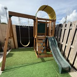 Outdoor Swing Set With Slide, Chalk Wall, Canopy, Rock Wall