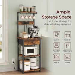 Bakers Rack with Drawer, Microwave Stand with Power Outlet, Coffee Bar Station with 4 Hooks, Kitchen Storage Shelf Rack 4 Tiers, for Kitchen, Dining R