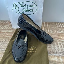 Belgian Shoes Croco Patent Calf Travelette Black Leather Loafer Women’s Shoes Size 7 With Dust Bag