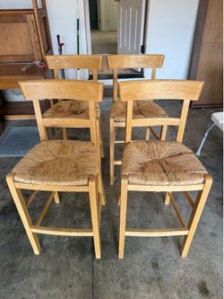 Set of 4 Solid Wood Counter Stools with Woven Rush Seats