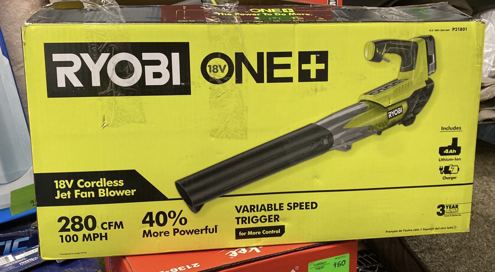 RYOBI ONE+ 18V 100 MPH 280 CFM Cordless Battery Variable-Speed Jet Fan Leaf Blower with 4.0 Ah Battery and Charger