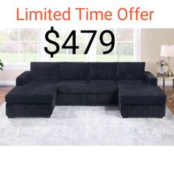 Black Or Dark Gray Jumbo Corduroy U Shaped Sectional Sofa  - July Sale !