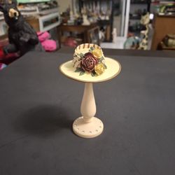 Miniature Collectible Hat Figurine, High Fashion Hat With Roses 🌹  On A Hat Rach With Rhinestones 5"H