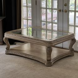 Luxury Carved Coffee Table with Glass Top