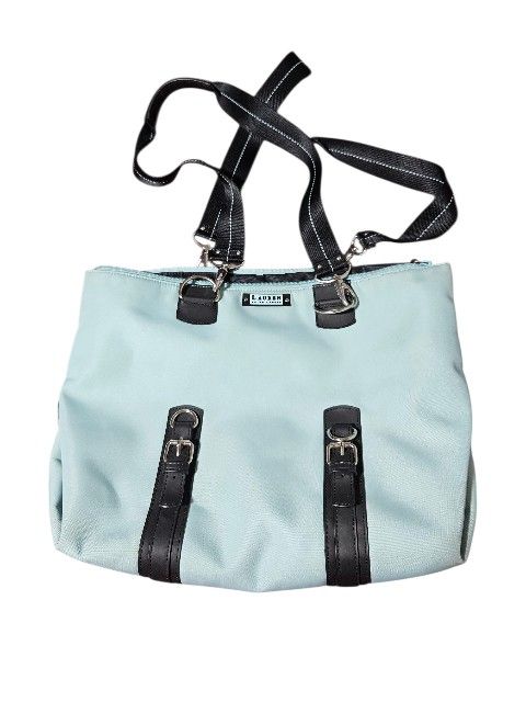 Vintage RLL Lauren Ralph Lauren Tote Bag W/ Black Leather Straps Light Blue 