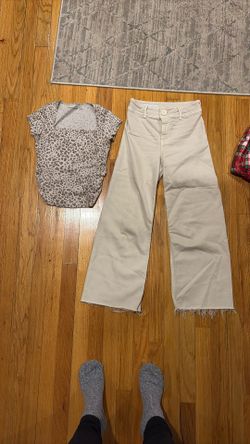 Abercrombie Leopard Shirt And Beige Wide Leg Zara Pants