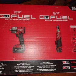 M18 FUEL 18V Cordless Mid Torque 1/2 in. Impact Wrench w/ M12 FUEL 3/8 in. Ratchet & Battery/Charger Combo Kit