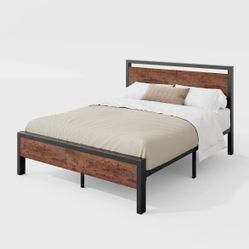 Queen size metal platform bed with wooden head/footboards 