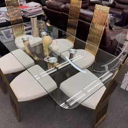 NEW🛍️Beige/Gold Table w/ 6 Fabric Chairs Dining Set