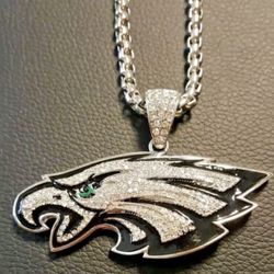 New Philadelphia Eagles Super Bowl Iced Out Silver Diamond CZ 3 Inch Brass NFL Football Logo Pendant with 24 Inch Chain 