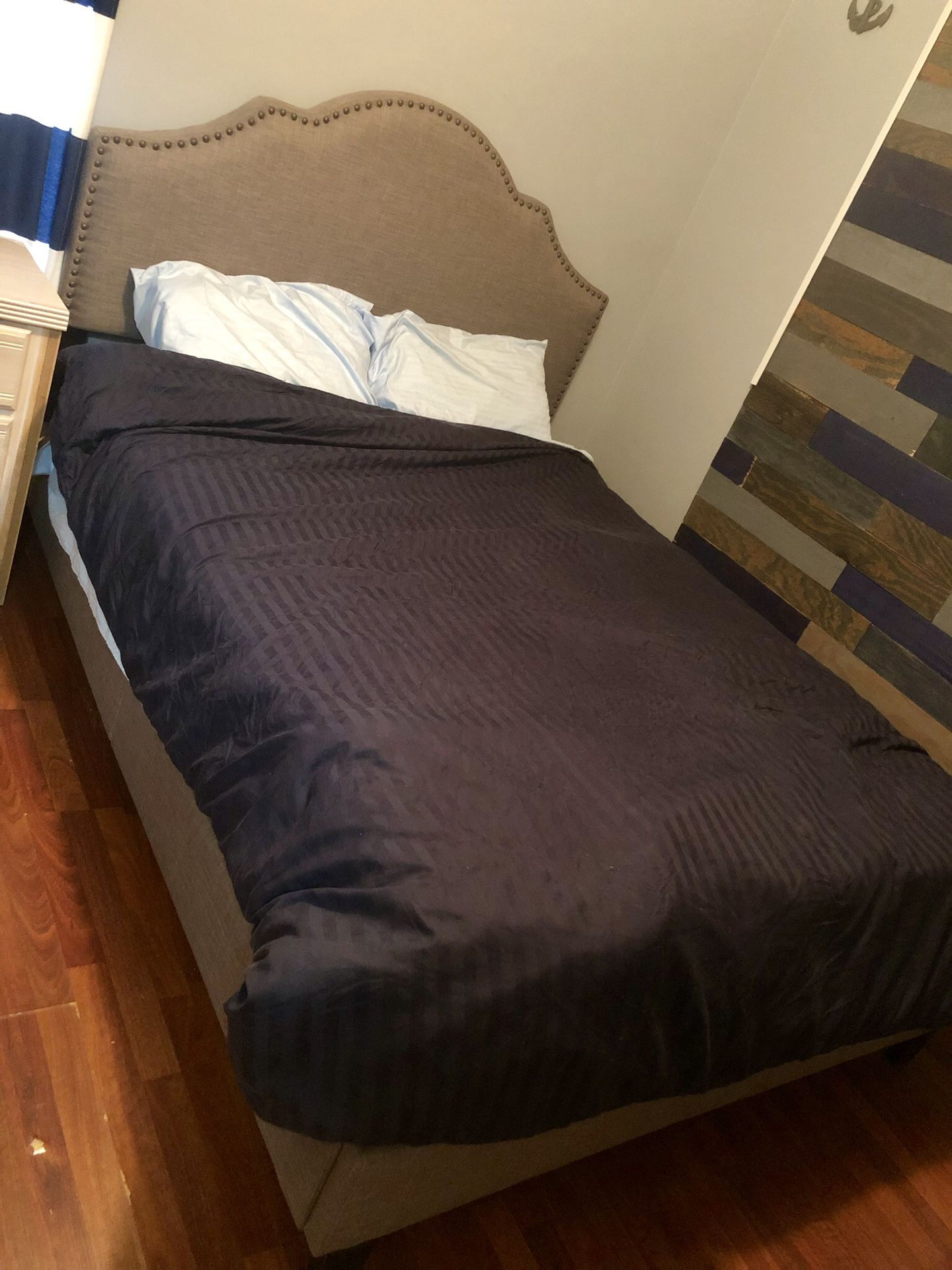 Gray Queen bed frame, mattress and box spring