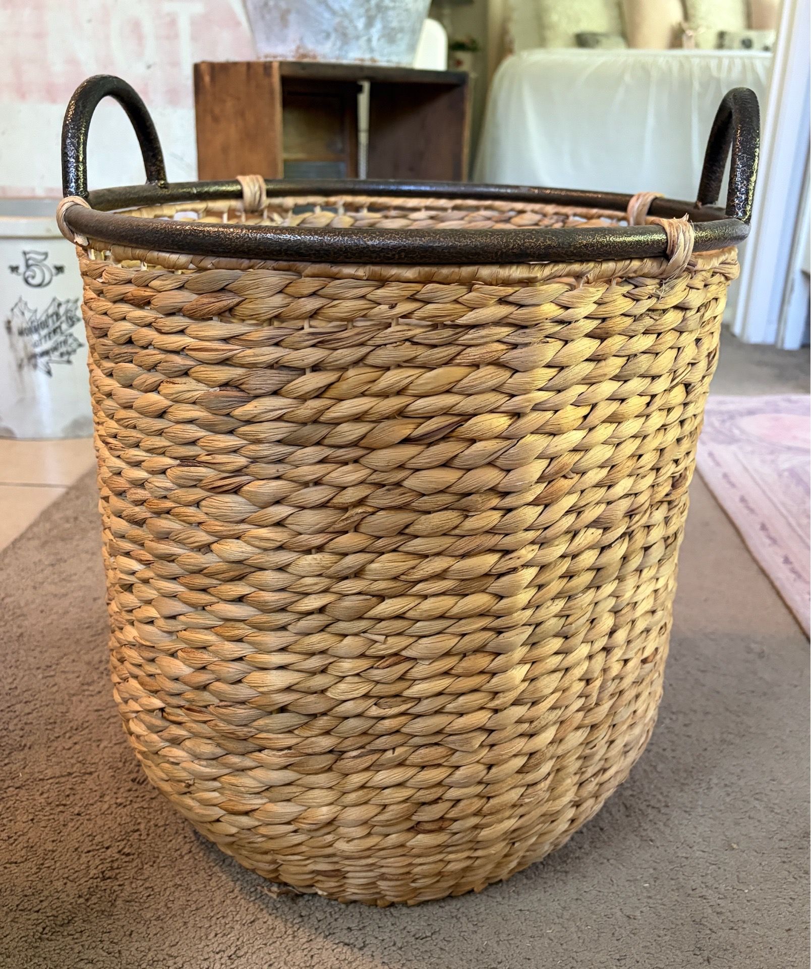 Brand New Smaller Woven Seagrass Basket with Metal Handles