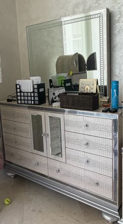 Silver Dresser with Mirror and Crystal Knobs