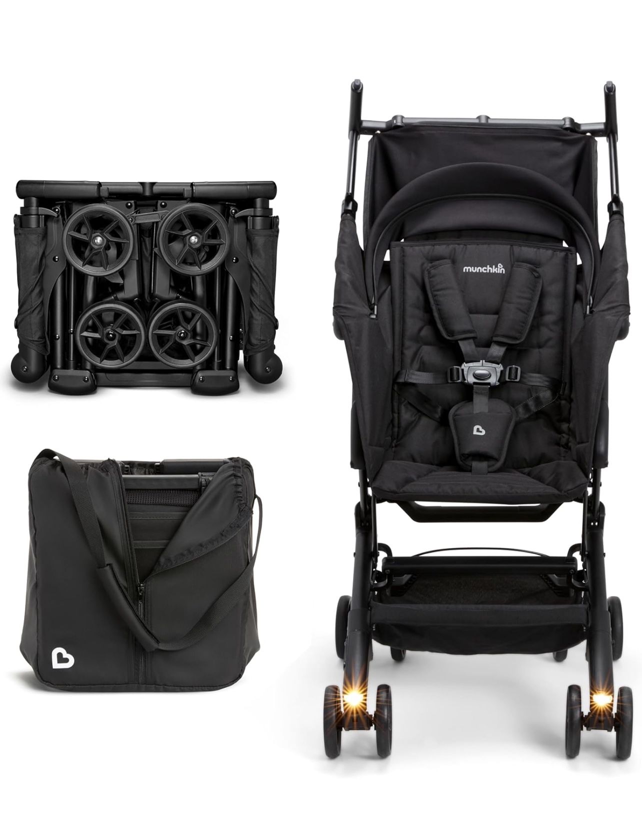 Munchkin® Night Owl™ Lightweight Travel Stroller with Wheel Lights, Ultra Compact for Everyday Travel and Easy Storage, Babies & Toddlers, Black