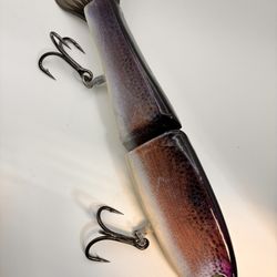 10”in. 5oz. Handmade Wooden Surface Glider, Swimbait In Purple Trout Color Pattern,w/ Rotating Hook Hangers.