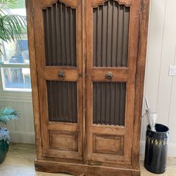 Large Vintage Wood + Metal Armoire Cabinet