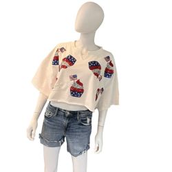 PEACH LOVE CALIFORNIA French Terry Patriotic Cupcake Crop Top Sz Small 