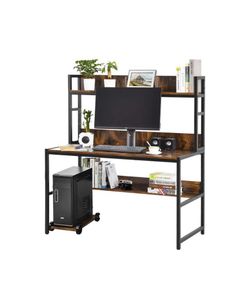 Sundale Computer Desk, 48“ Office Desk, Large Space Writing Table with Storage Bookshelf & Mobile CPU Stand, Retro Brown
