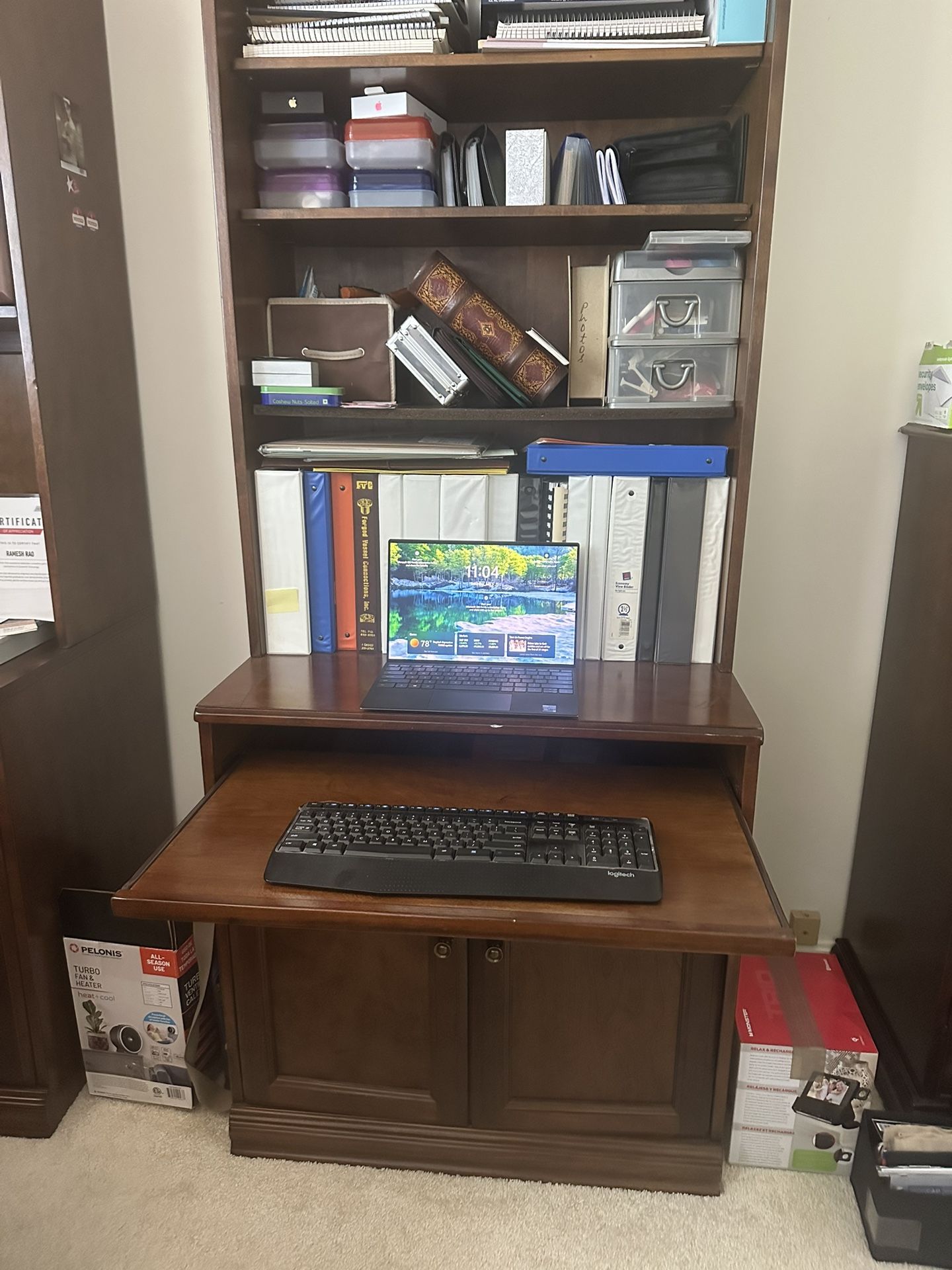 Wooden Bookshelf Cum Computer Desk With Storage And Side-out Keyboard Shelf
