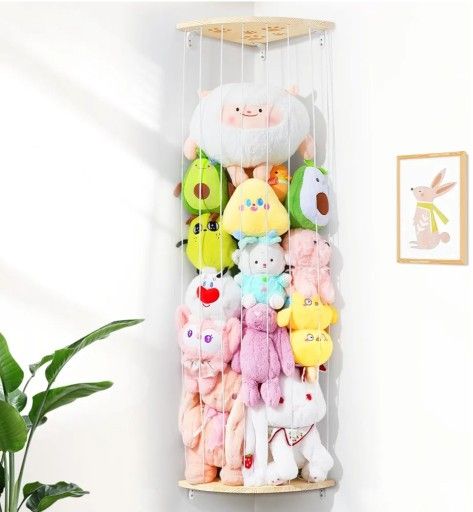 Corner Stuffed Animal Storage Net - Height Adjustable Wood Stuffed Animal Organizer 