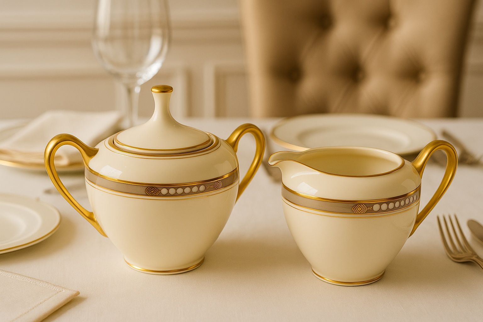 Lenox 1990s McKinley Presidential Ivory Porcelain Creamer & Sugar Set With Lid