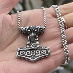 Mens Double side Viking Raven Mjolnir Pendant Necklace Sigil Talisman Stainless Steel