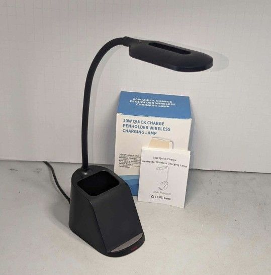 Small QI Wireless Charger Reading Lamp with Pen Holder, USB charge.