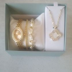 Yaamava Gold Quart Women's Watch, Bracelets, & Necklace