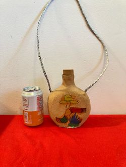 Vintage Hand-Painted Mexican Leather Covered Canteen Flask 7 1/2” Tall