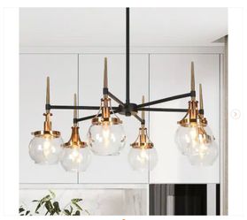 Orbline Modern 6-Light Black and Plated Brass Chandelier with Clear Globe Glass Shades Light Fixture