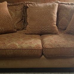 H.M. Richards 2 Seater Large Couch Beige W/ Red Flooral Print Stitching