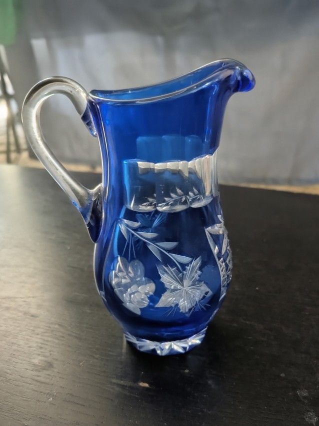 Vintage Cobalt Blue cut clear Crystal Pitcher