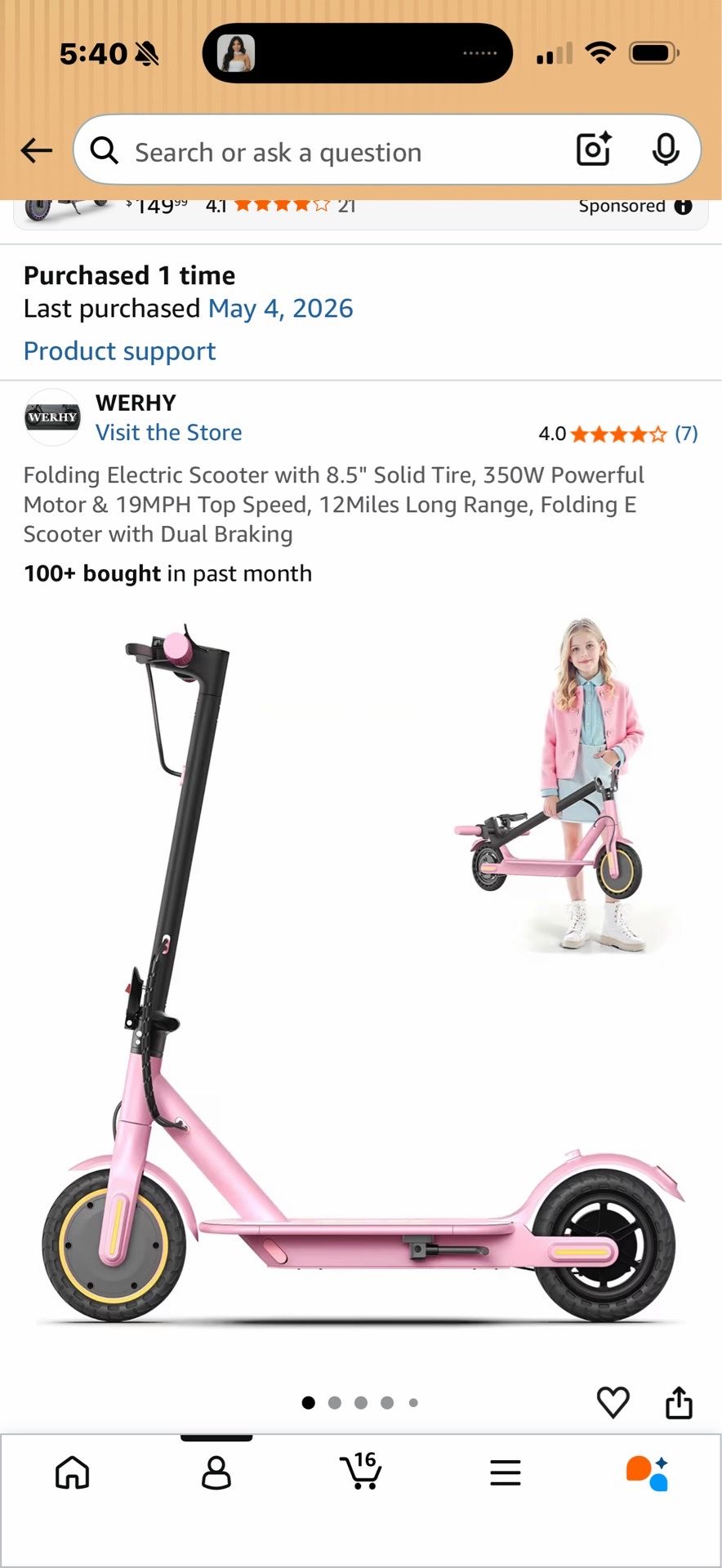 Pink 8-12 year old Electric Bike