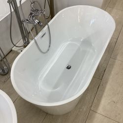 59” Freestanding Bathtub New White One Piece Acrylic With Steel Frame With Leveling Legs Ready For Pick Up Today