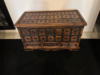 RARE HIGH QUALITY WALNUT CHEST WITH METAL DECOR CAN DELIVER LOCAL