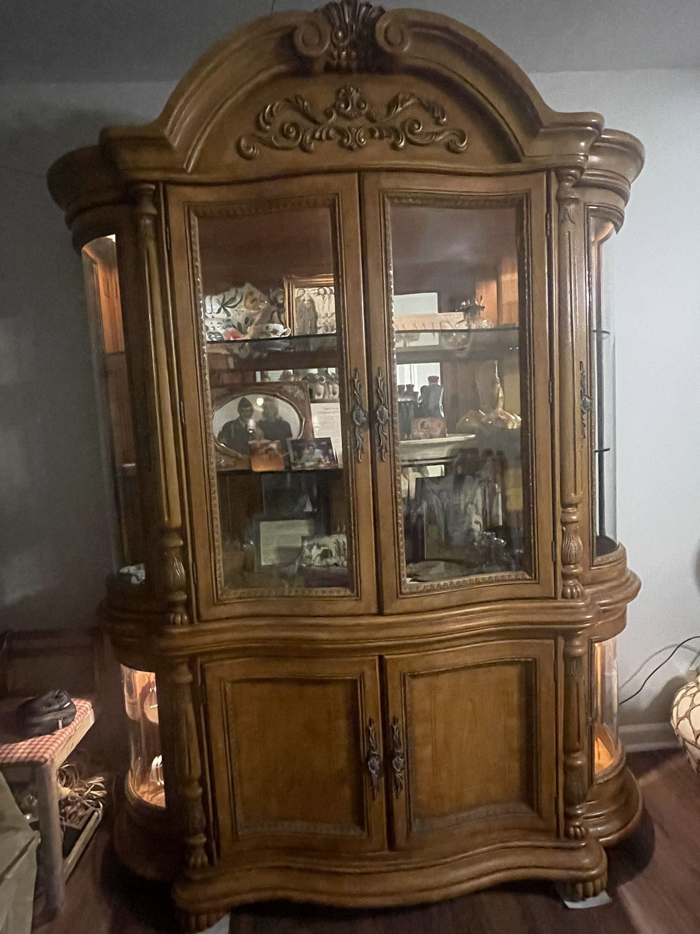 Beautiful Two Piece Solid Wood China Cabinet / Armoire & matching dining table with six chairs and leaf extender