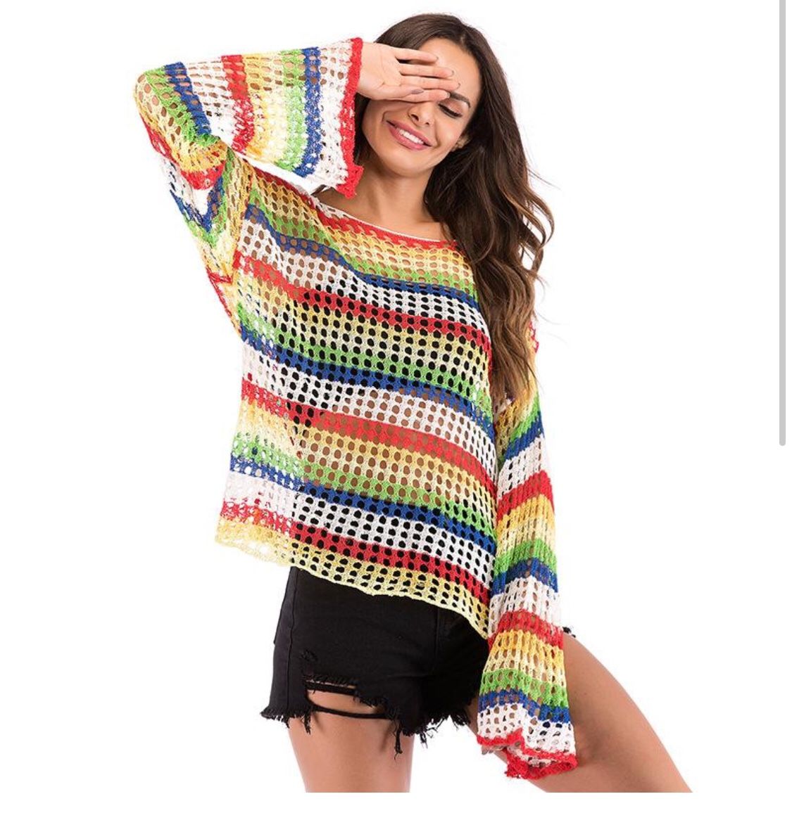 Stripped Women's Long Sleeve Knitwear Rainbow Knitted Fishnet Top