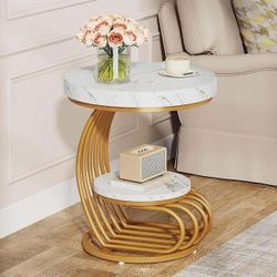 Round End Table, 2-Tier Modern Wood Side Table with Shelf Storage, Faux Marble Sofa Side Bedside Nightstand, Arc-Shaped Frame Accent, Gold & White