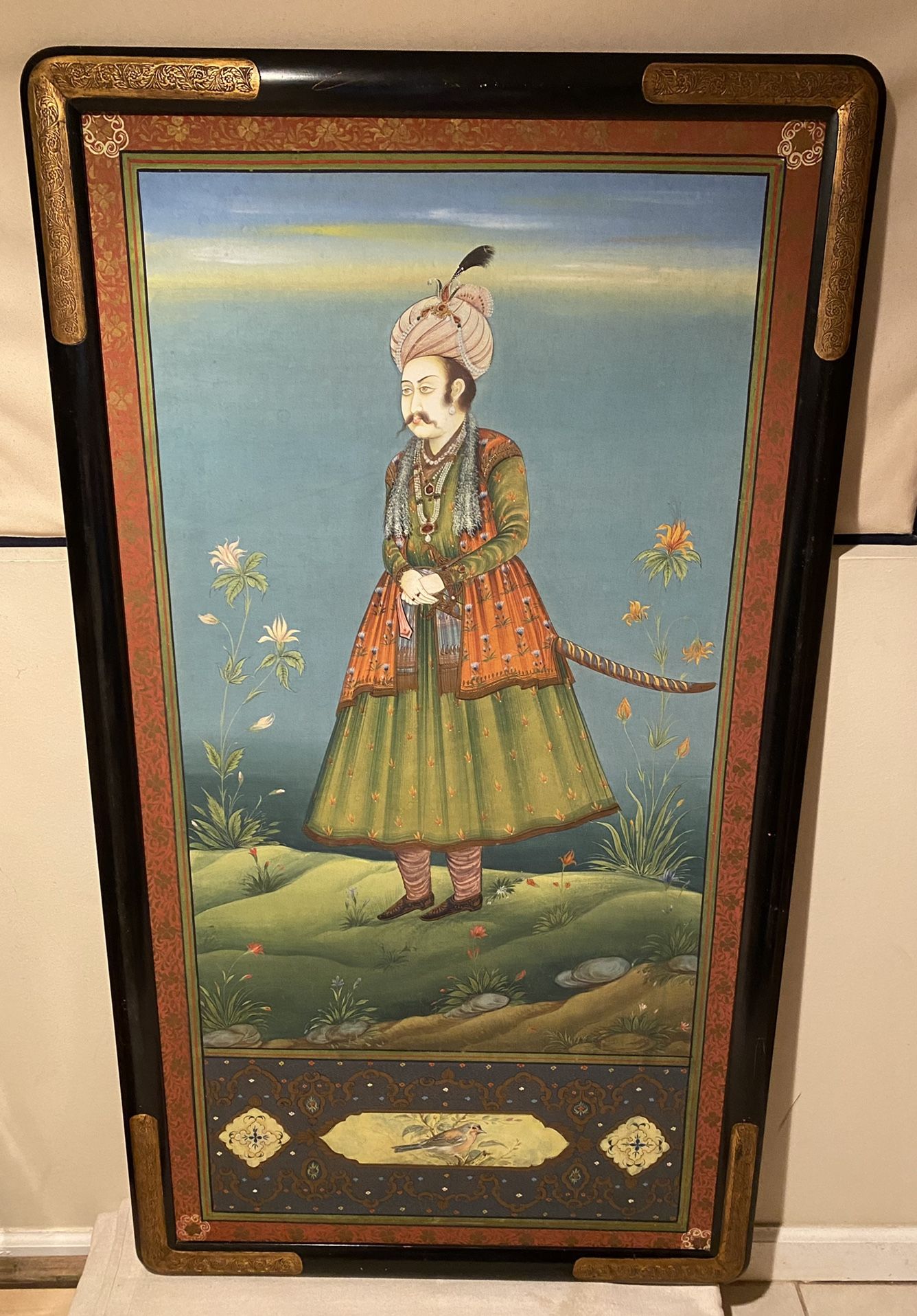 FINE PAINTING VINTAGE1970s ART OF INDIAN MAN ON HAND MADE SILK - HEIGHT 54” - WIDTH 30” $1,050,
