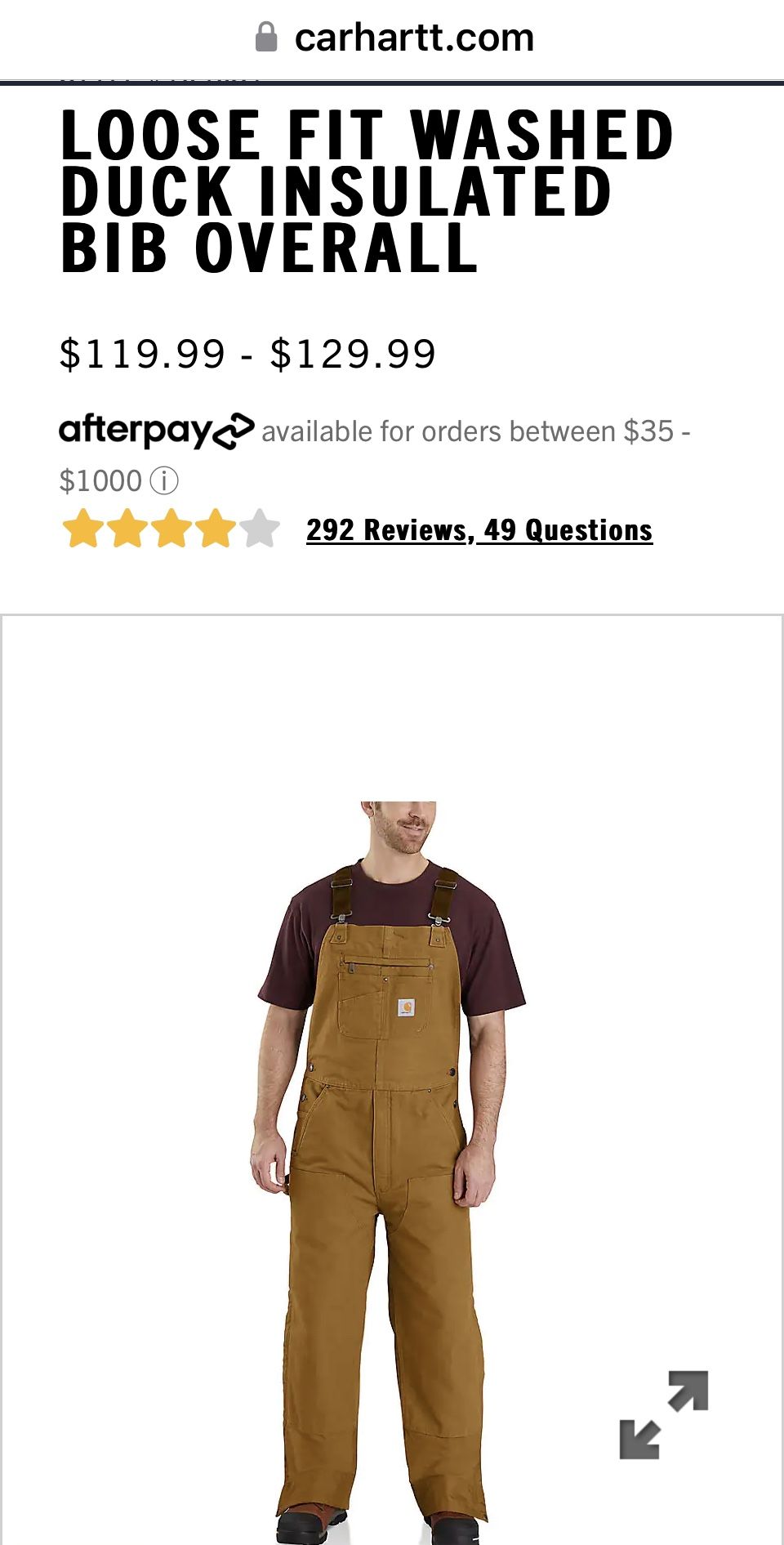 loose fit washed duck insulated bib overall