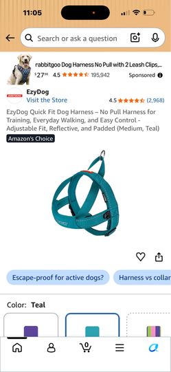 EzyDog Quick Fit Dog Harness – No Pull Harness for Training, Everyday Walking, and Easy Control - Adjustable Fit, Reflective, and Padded (Medium, Teal