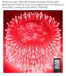 Christmas Light 1000 LED Outdoor Christams String Lights Waterproof 8 Modes & Timer, Fairy Lights Plug in for Christmas Decor (Red, Transparent line: