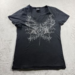 Social Collision Women’s S Black Wings Roses Rhinestone Goth Y2K Emo #3672