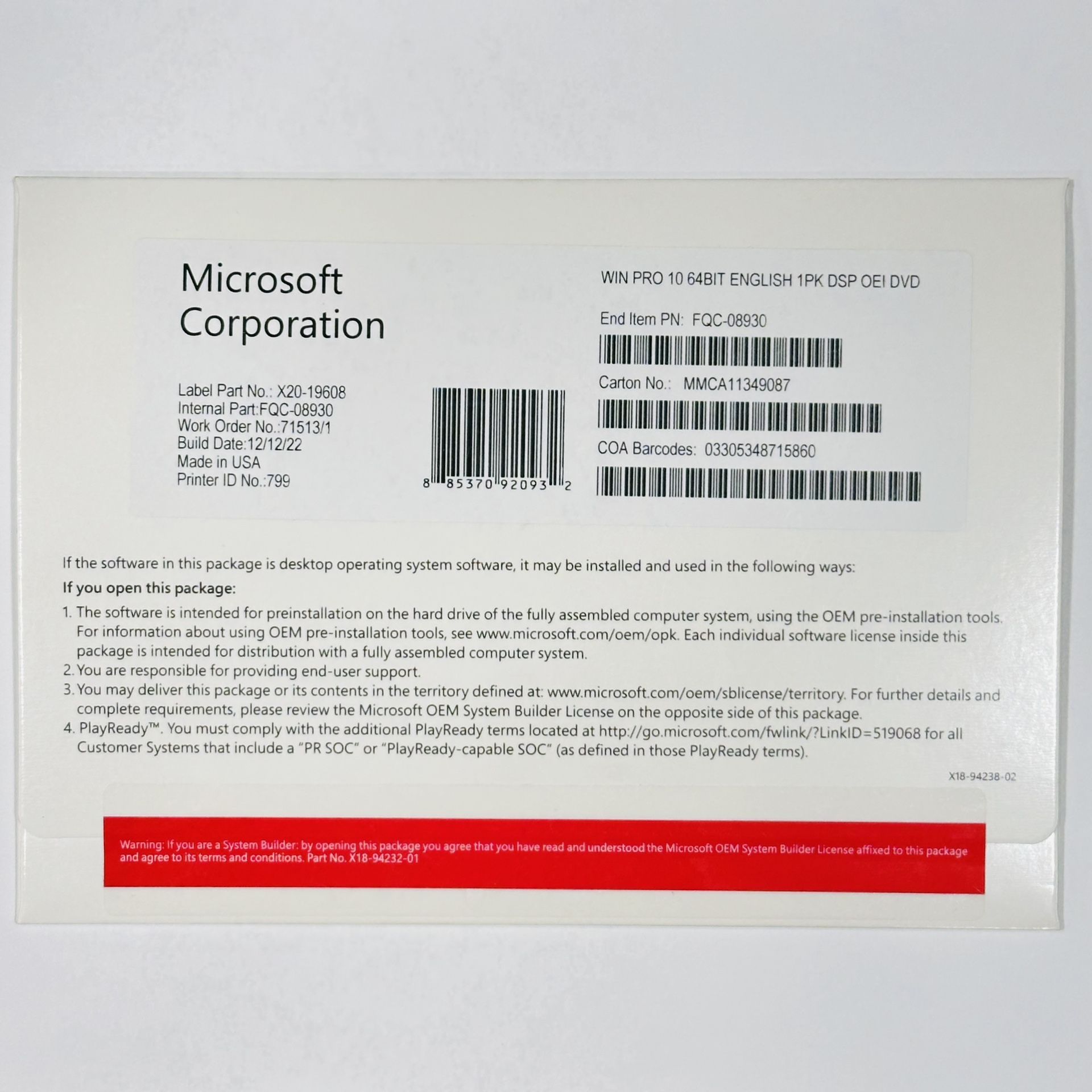 New Microsoft Windows 10 Professional OEM 64bit DVD with Authentic License Key