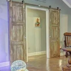 Pair of Reclaimed Cypress Barn Doors - Whitewashed, Tracks Included