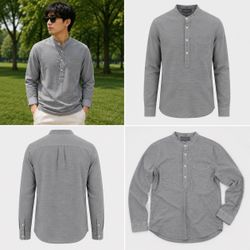 Men’s Gray Mandarin Collar Shirt – Long Sleeve Henley Button Pullover Casual Shirt