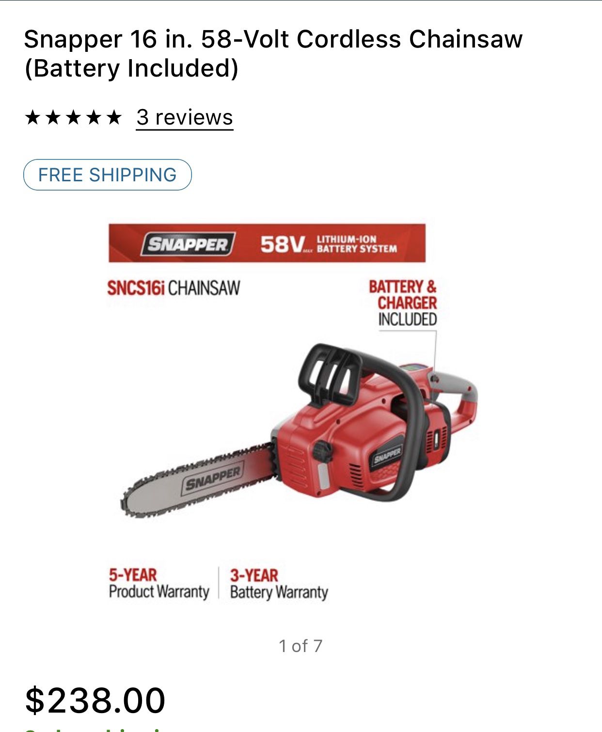 Snapper 16” 58 volt cordless chainsaw