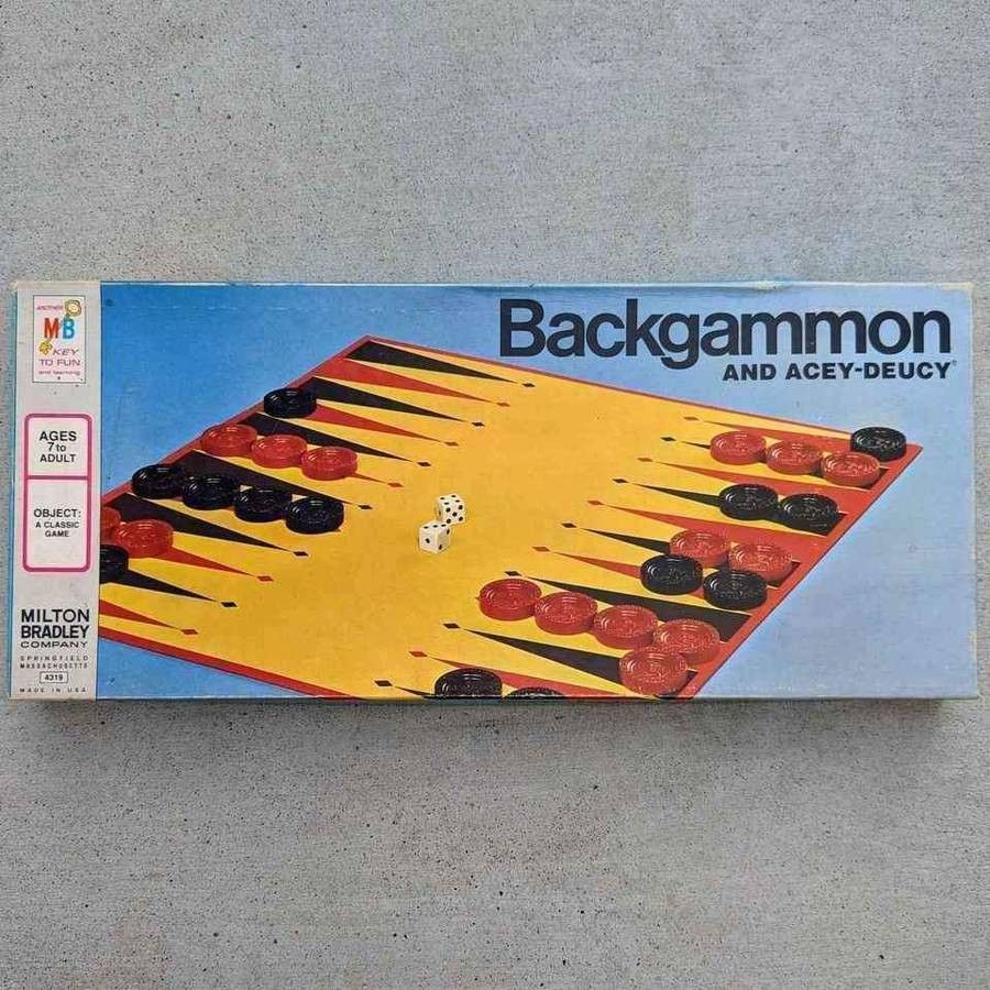 Vintage 1973 Milton Bradley backgammon and acey-deucy double board game in original box