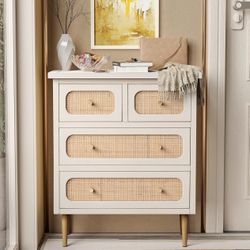 Wicker Rattan Chest of Drawers, 4-Drawer Dresser, White Finish Wooden Storage Cabinet